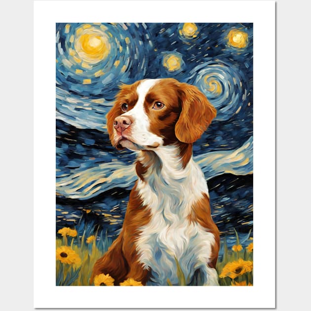 Cute Brittany Spaniel Dog Breed Painting in a Van Gogh Starry Night Art Style Wall Art by Art-Jiyuu